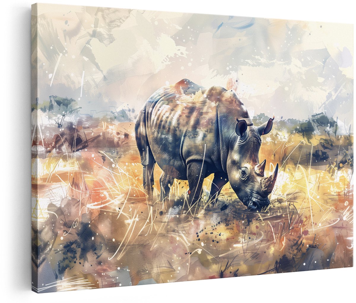 Artaza Canvas Schilderij Neushoorn - 180x120 cm - Groot - Wanddecoratie Afrikaanse Savanne - Muurdecoratie Dieren - Decoratie Abstract Aquarel