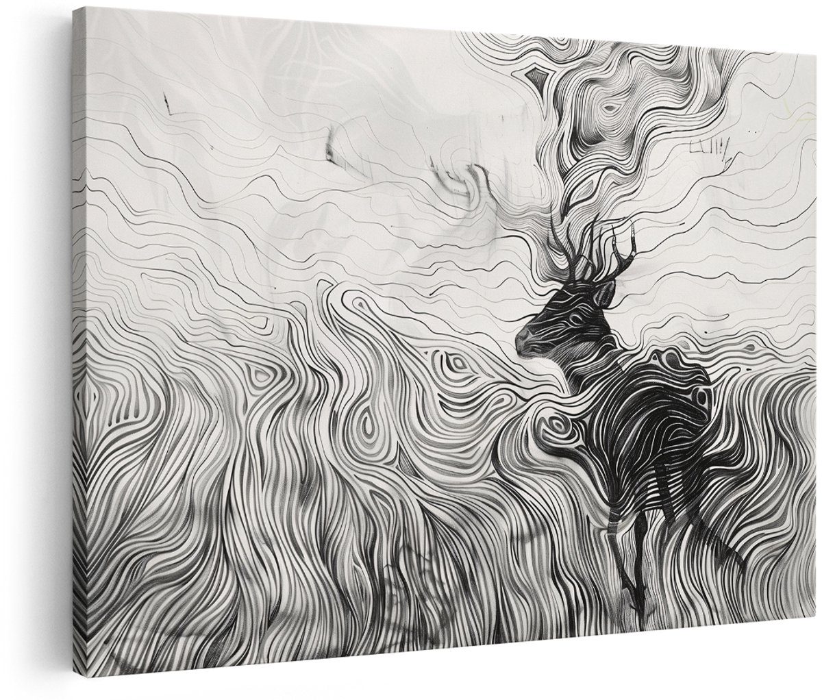Artaza Canvas Schilderij Hert - 180x120 cm - Groot - Abstracte Wanddecoratie - Muurdecoratie Zwart Wit - Decoratie Dieren - Schilderijen Op Canvas