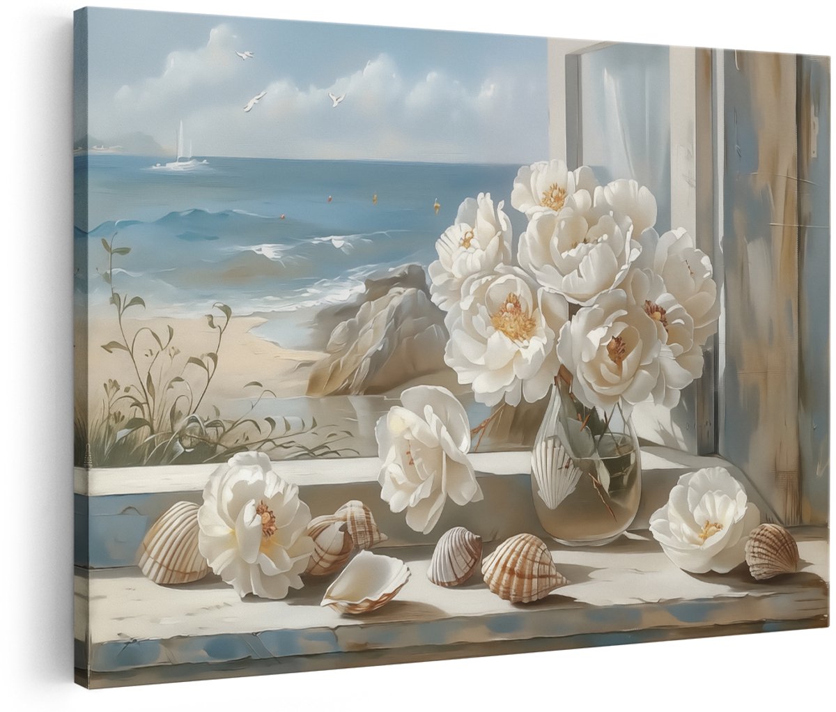 Artaza Canvas Schilderij Witte Bloemen en Schelpen op een Vensterbank - 180x120 cm - Groot - Wanddecoratie Woonkamer - Schilderijen - Muurdecoratie