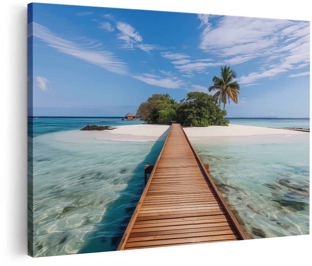 Artaza Canvas Schilderij Houten Loop Brug naar een Tropisch Eiland - 180x120 cm - Groot - Wanddecoratie Woonkamer - Schilderijen - Muurdecoratie