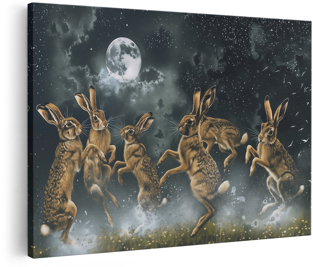 Artaza Canvas Schilderij Hazen in het Maanlicht - Dieren - 180x120 cm - Groot - Wanddecoratie Woonkamer - Schilderijen - Muurdecoratie