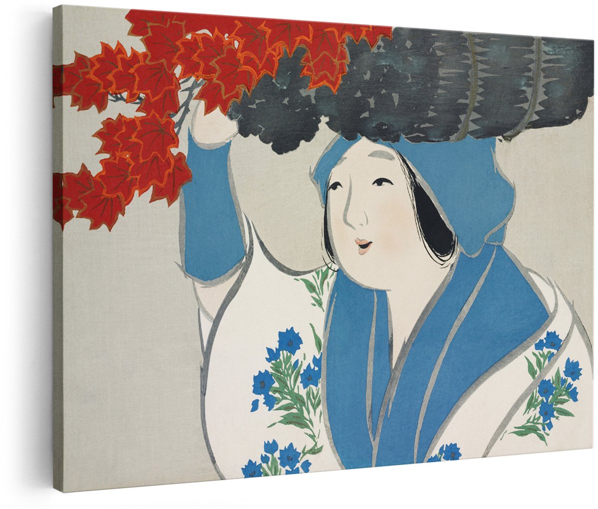 Artaza Canvas Schilderij Japanse Vrouw - 180x120 cm - Groot - Wanddecoratie Kimono - Muurdecoratie Herfst - Decoratie Traditionele Japanse Kunst - Blauw