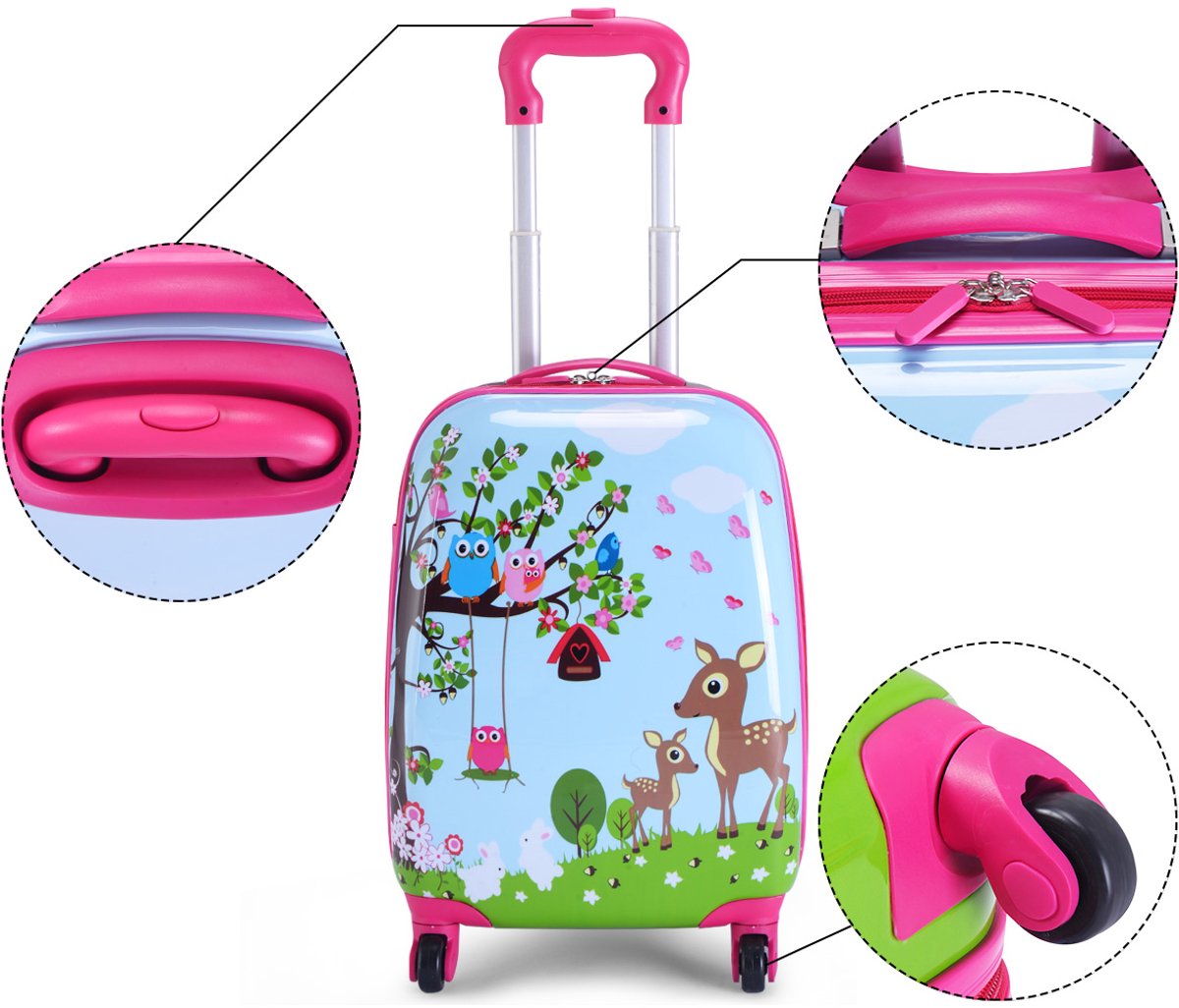 SureDeal® - Kinderkoffer - Tweedelige Kofferset - Kinderen Trolley Koffer - Schattig Patroon Roze - Blauw - Naturel