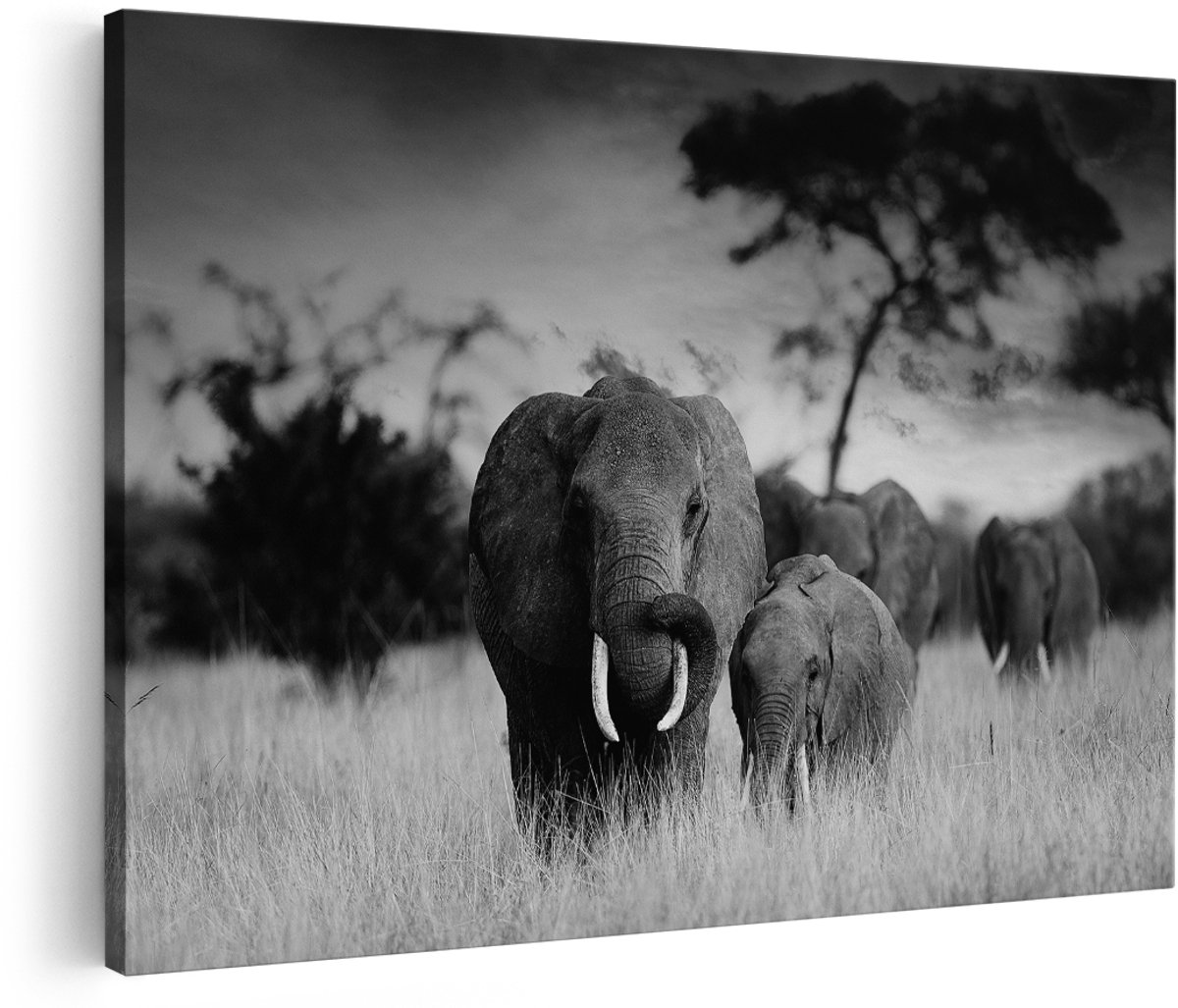 Artaza Canvas Schilderij Groep Olifanten in het Wild - Kudde - Zwart Wit - 180x120 cm - Groot - Foto Op Canvas - Wanddecoratie