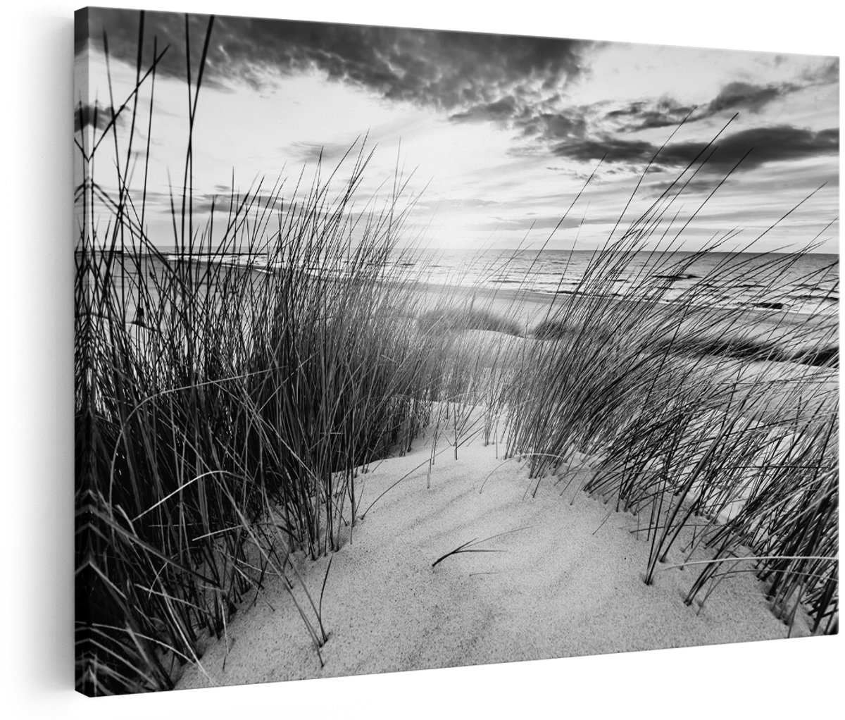 Artaza Canvas Schilderij Strand en Zee vanuit Duinen met Zonsondergang - Zwart Wit - 180x120 cm - Groot - Wanddecoratie Woonkamer - Schilderijen - Muurdecoratie