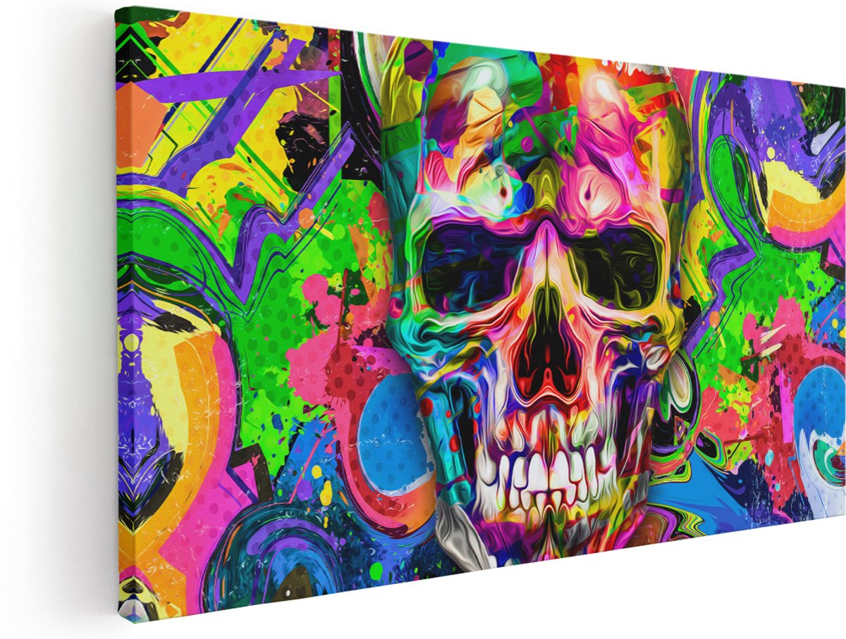 Artaza Canvas Schilderij Gekleurde Schedel - Doodskop - Doodshoofd - 180x90 cm - Groot - Wanddecoratie Woonkamer - Schilderijen - Muurdecoratie