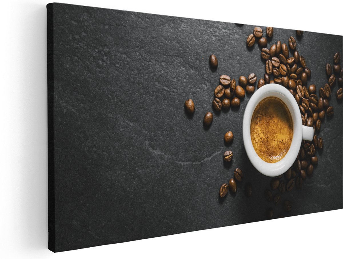 Artaza Canvas Schilderij Kopje Koffie Met Koffiebonen - 180x90 cm - Groot - Wanddecoratie Woonkamer - Schilderijen - Muurdecoratie