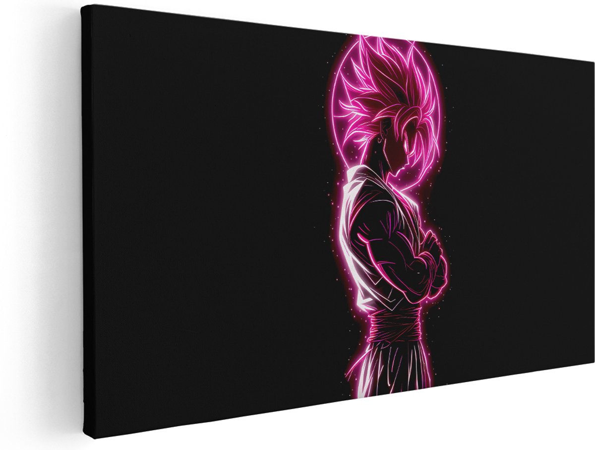 Artaza Canvas Schilderij Anime Goku Black - 180x90 cm - Groot - Wanddecoratie Neon Silhouet - Muurdecoratie Mannen - Schilderijen Op Canvas - Roze
