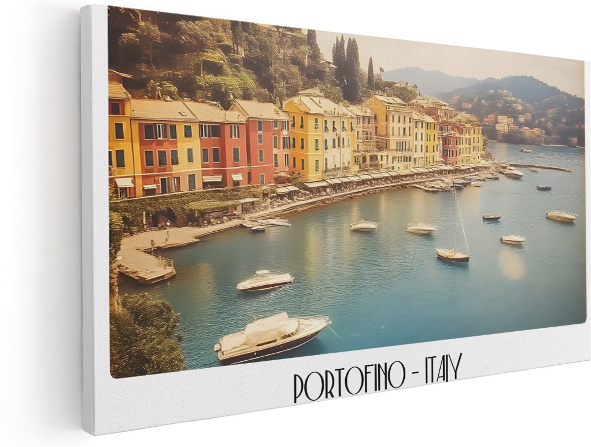 Artaza Canvas Schilderij Italiaanse Kust Portofino - 180x90 cm - Groot - Wanddecoratie Landschap - Muurdecoratie Mediterrane Baai - Kamer Accessoires