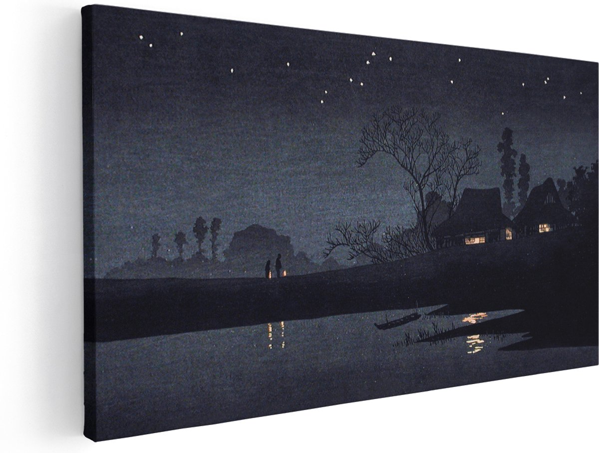 Artaza Canvas Schilderij Japans Dorp Bij Nacht - 180x90 cm - Groot - Wanddecoratie Sterrenhemel - Muurdecoratie Landschap - Schilderijen Op Canvas