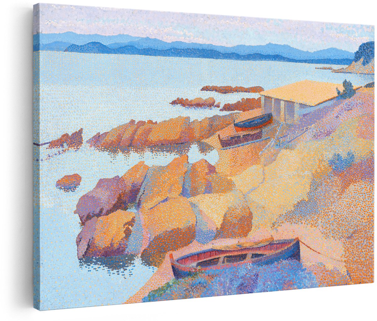 Artaza Canvas Schilderij Kustlandschap - 180x120 cm - Groot - Wanddecoratie Zee - Muurdecoratie Strand met Boten - Schilderijen Op Canvas Neo-Impressionisme