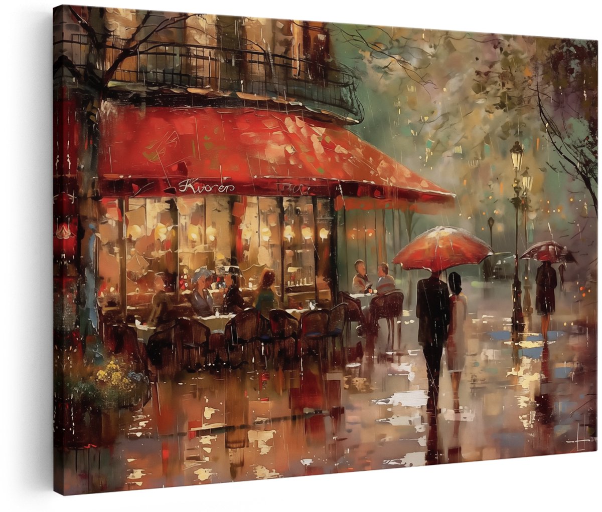 Artaza Canvas Schilderij Kunstwerk van Stel dat in de Regen door een Straat loopt - 180x120 cm - Groot - Wanddecoratie Woonkamer - Schilderijen - Muurdecoratie
