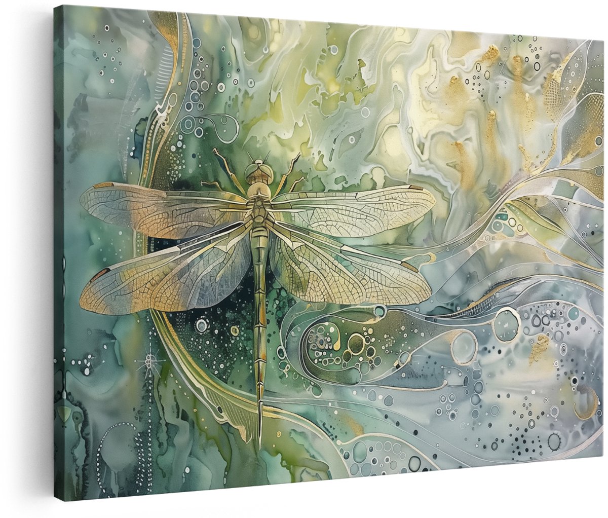 Artaza Canvas Schilderij Libel op een Groene Achtergrond - Dieren - 180x120 cm - Groot - Wanddecoratie Woonkamer - Schilderijen - Muurdecoratie
