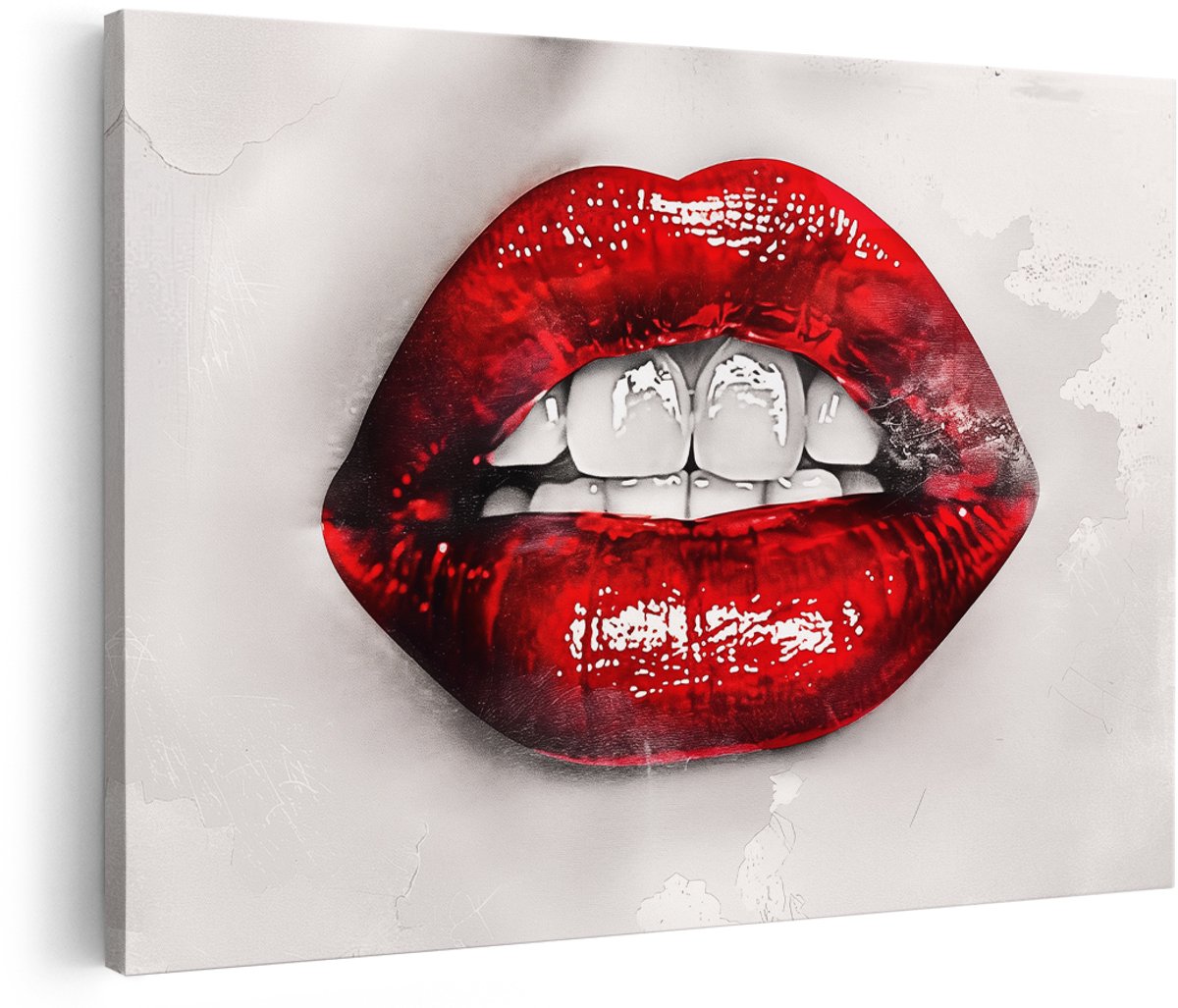 Artaza Canvas Schilderij Rode Lippen met Witte Tanden - 180x120 cm - Groot - Wanddecoratie Woonkamer - Schilderijen - Muurdecoratie