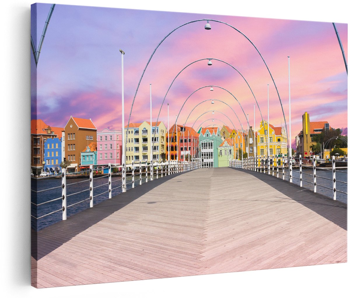 Artaza Canvas Schilderij Willemstad Gekleurde Huisjes in Curaçao - 180x120 cm - Groot - Wanddecoratie Woonkamer - Schilderijen - Muurdecoratie