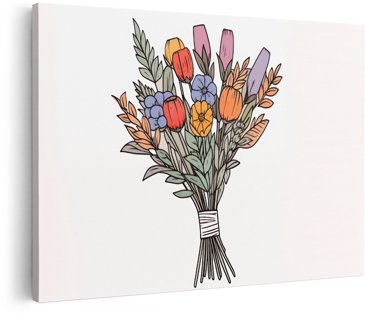 Artaza Canvas Schilderij Bloemen Boeket - 180x120 cm - Groot - Wanddecoratie Bloemen - Muurdecoratie Line Art - Decoratie Woonkamer - Kleurrijk