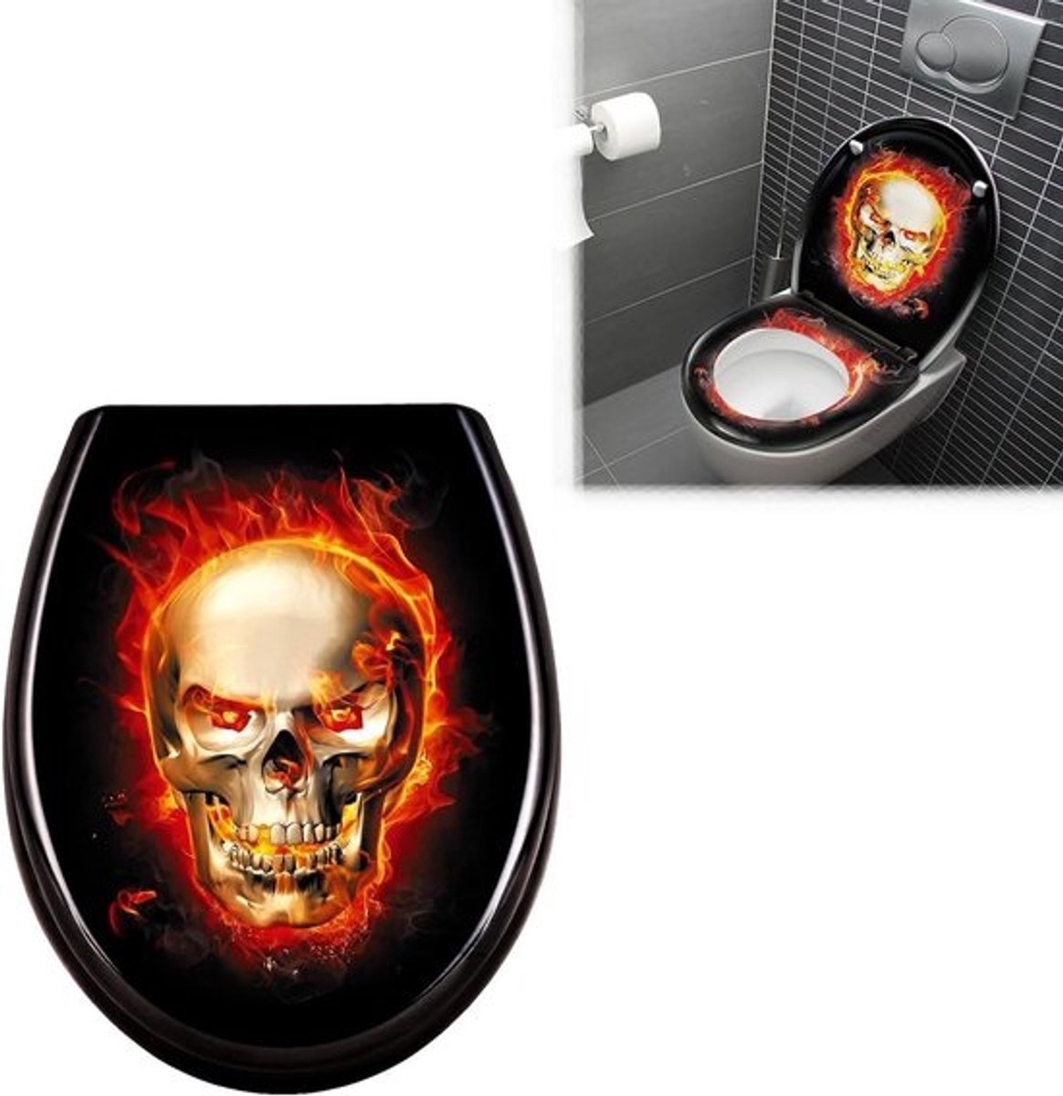 Toiletbril Hard Plastic - Toiletdeksel Universeel - Hygiënisch Gebruik - Softclose Mechanisme - 455 x 38 cm - Schedel Vlammen