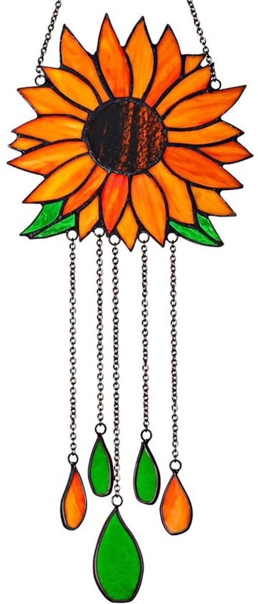 Glas in lood Zonnebloem - Raamdecoratie Bloem - Veranda Tuin Keuken - Handgemaakt Glasdecor - 16cm Diameter - Geel Zwart
