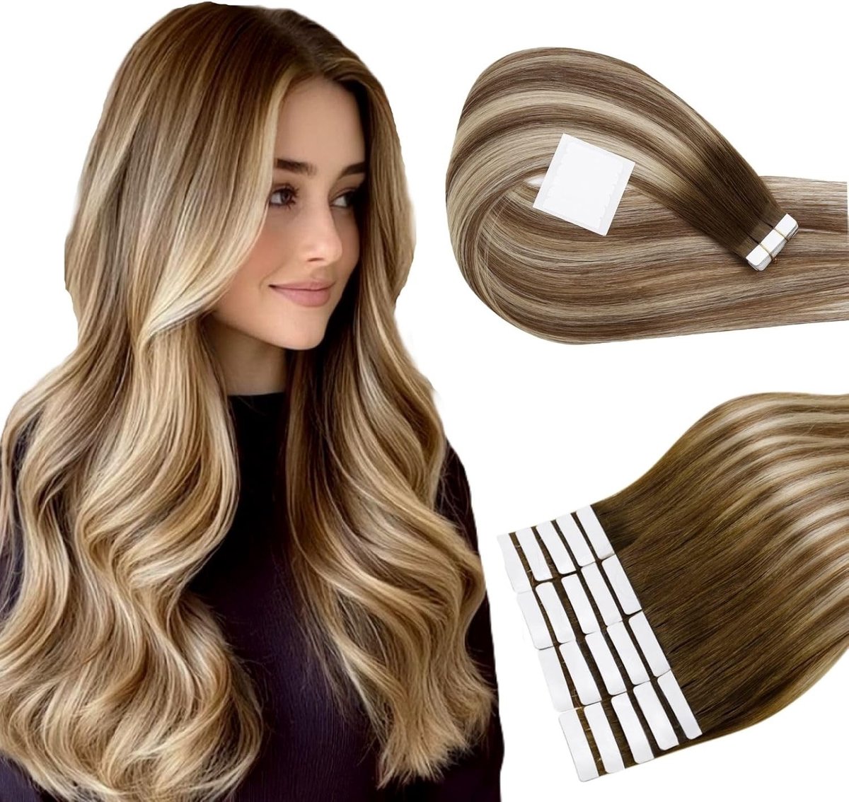 Tape Extensions van Menselijk Haar Ombre Remy - Balayage Donkerbruin naar Asbruin met Blond - 16 Inch/40cm - 20 Stuks/50g #3/8/22 - Natuurlijke Look en Gemakkelijk te Bevestigen