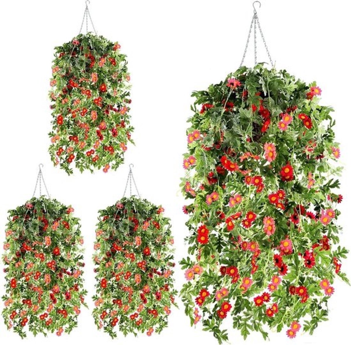 Kunstbloemen Hangmand - Zijden Madeliefjes - Decoratie Buiten - UV-Bestendig - 4 Stuks - Rood en Rozerood