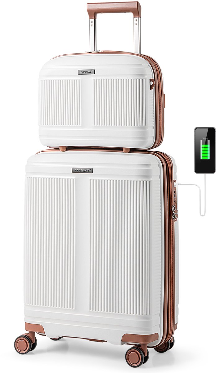 SureDeal® - Kamper - 2-delig Bagageset - Handbagagekoffer - Cosmetica Koffer Harde - 39,5x22,5x25,5 cm - Wit