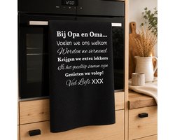 Theedoek met tekst bedrukt cadeau Regels voor Bij Opa en Oma Thuis vaderdag verjaardag opa man feestdagen sinterklaas kerstmis hoera jullie worden grootouders zwangerschapsaankondiging Moederdag Cadeau Mama Papa vrouw zwangerschap aankondiging