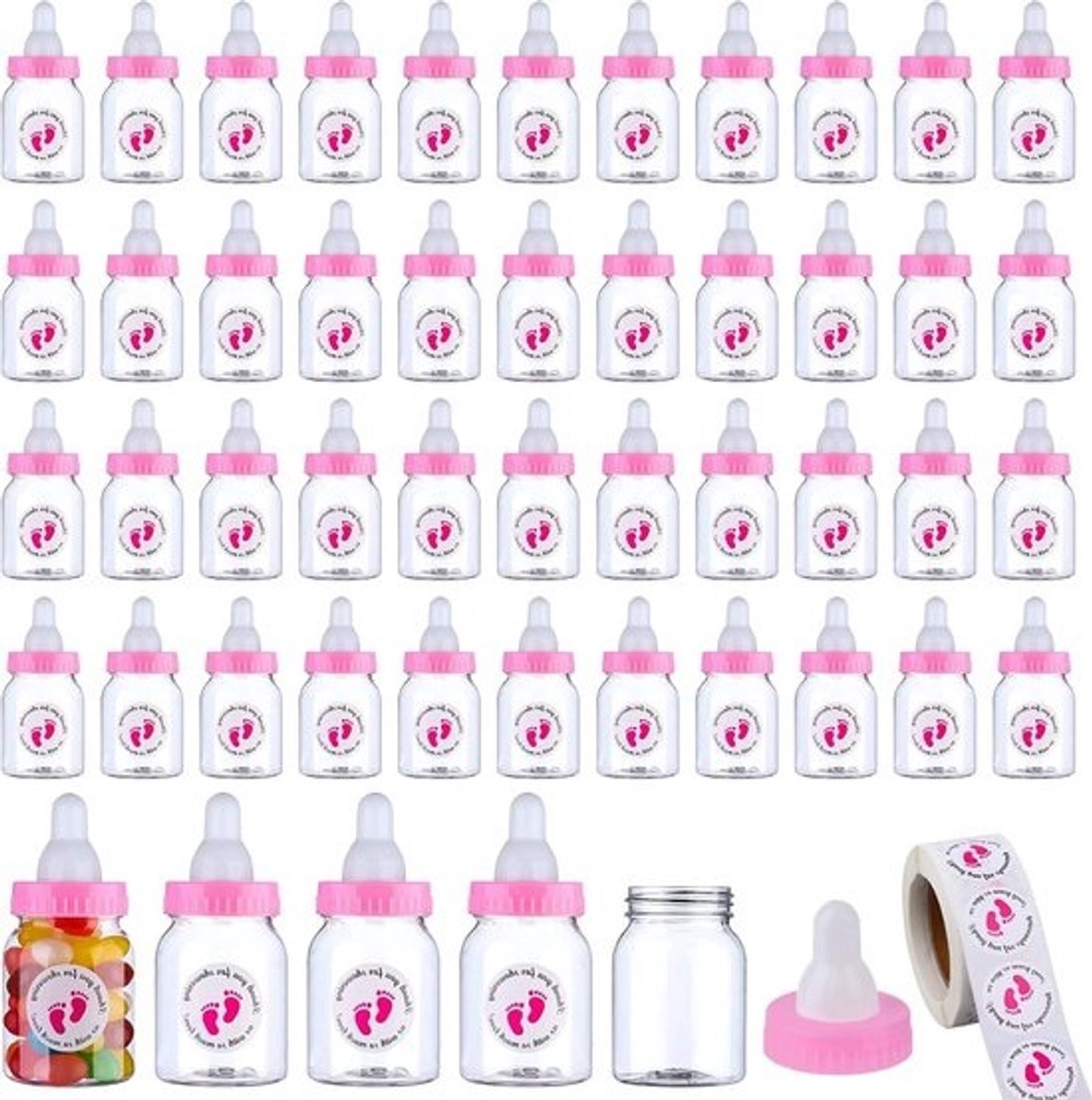 Baby Flesjes Decoratie - Babyshower Bedankjes - Feestdecoratie Versieren - Met Zelfklevende Stickers - 62 Stuks - Roze