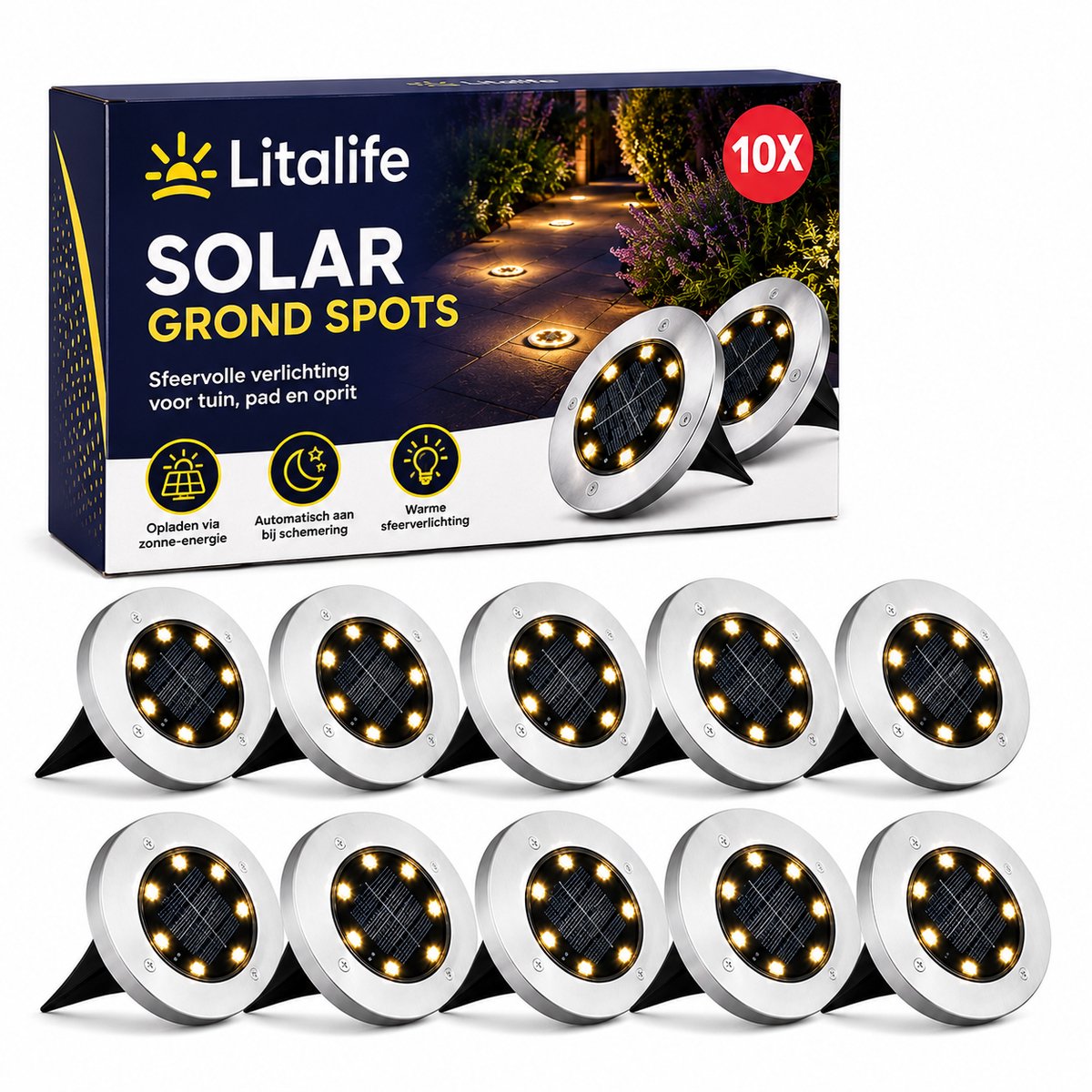 Litalife 10 Stuks LED Solar Grondspot Zilver - Buitenlamp Tuinverlichting op Zonne-Energie - Prikspot
