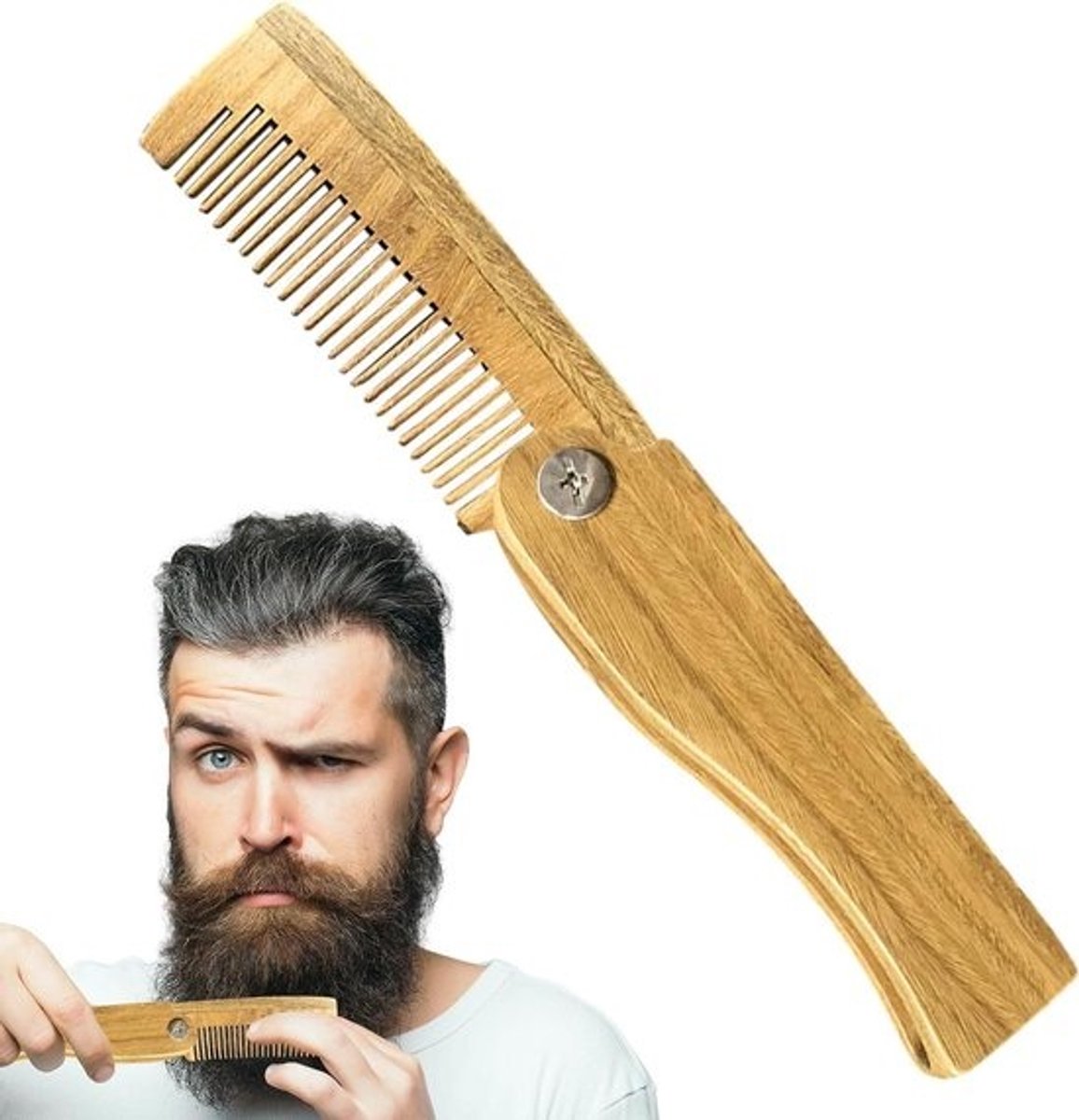 Baardkam voor mannen - Snor borstel - Baard verzorging - Opvouwbaar ontwerp - 10 cm - Houtkleur