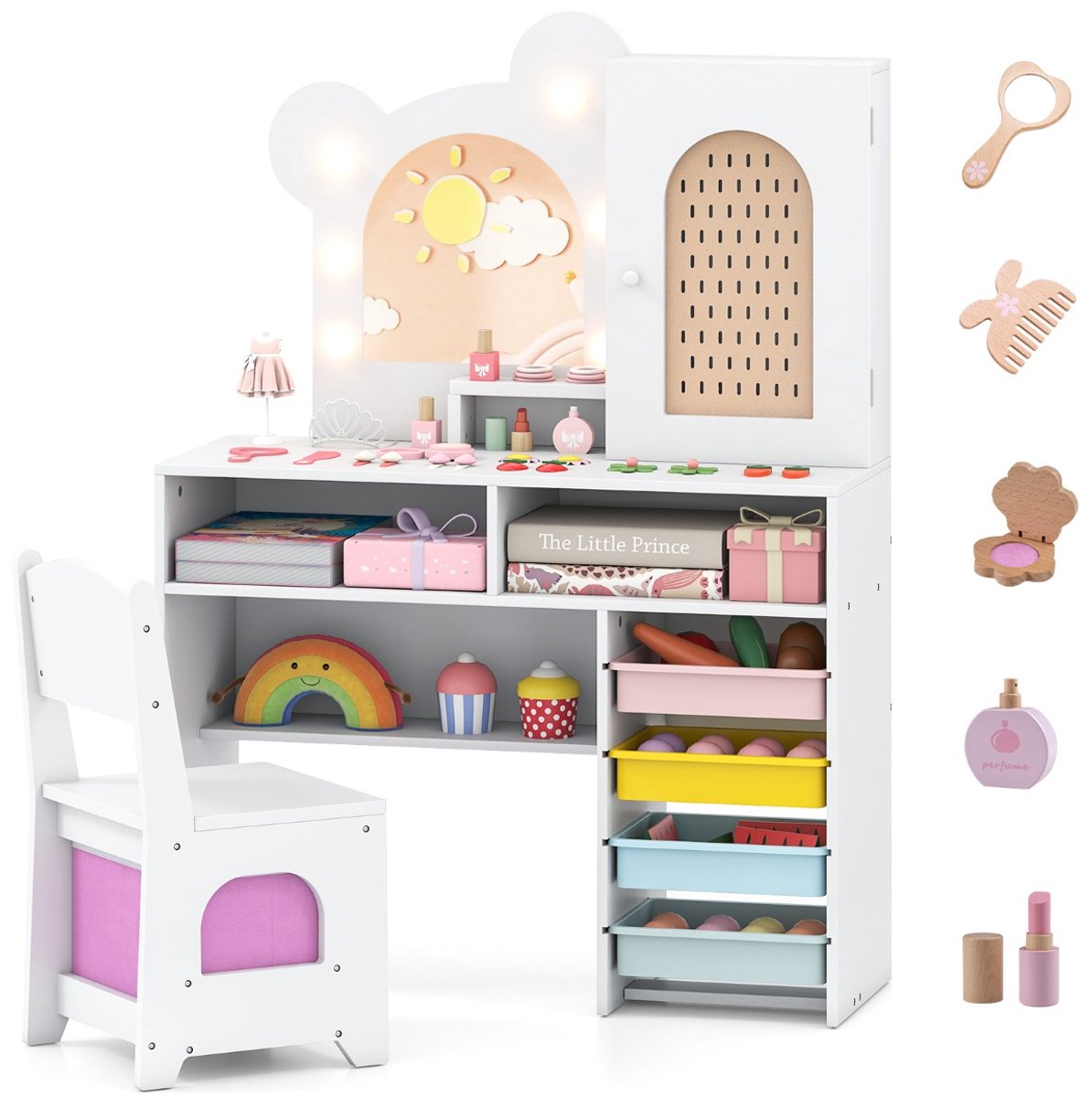 SureDeal® - Kaptafel - Kinderkaptafel - Lichte Houten Prinsessen - Stoelenset - 80x29,5x111 cm - Wit