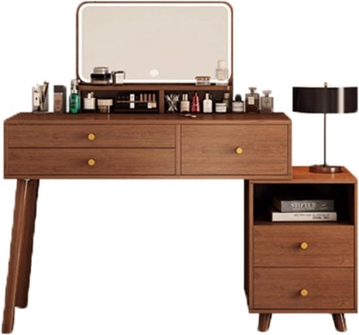 Kaptafel met spiegel - Make-up tafel - Sieraden opbergen - Slimme spiegel - 2 laden - Walnoot