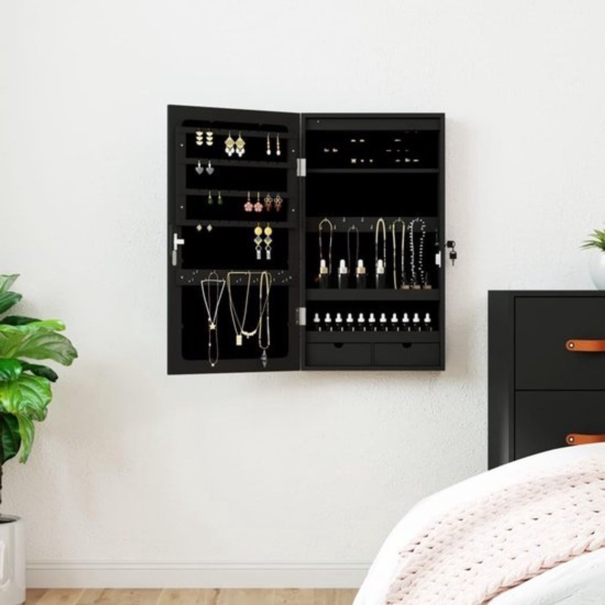Sieradenkast Spiegel - Opberger Kast - Sieraden Organiseren - Met LED Verlichting - Wandmontage - Zwart