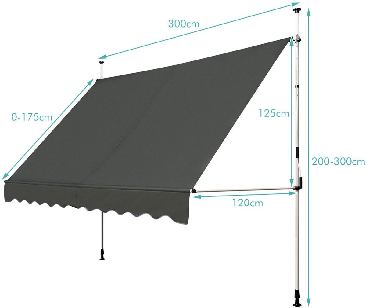 SureDeal® - Luifel - Telescopische Zonwering Hoogte - 300x120 cm - Grijs