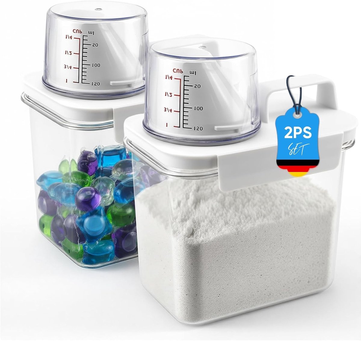 Wasmiddelbox met Maatbekers - 2 Stuks, Ideaal voor Wasmiddel en Vloeibare Detergent, Handige Opbergoplossing