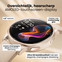 Close-up van een crème champagne gouden smartwatch met een AMOLED-scherm, aluminium behuizing en champagne afwerking.