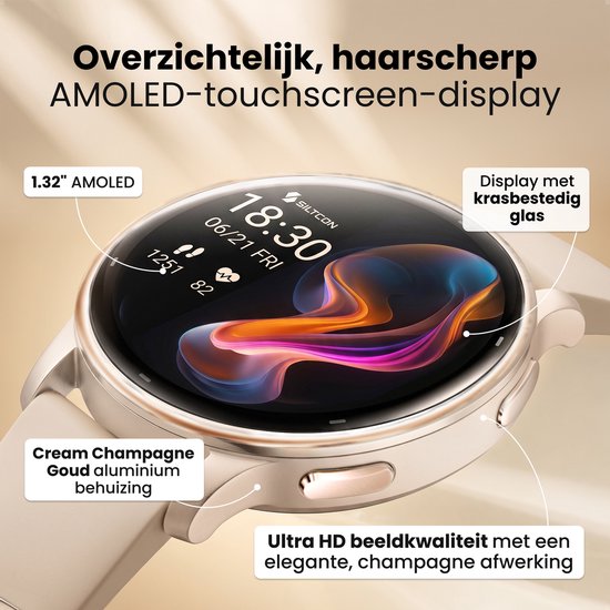 Close-up van een crème champagne gouden smartwatch met een AMOLED-scherm, aluminium behuizing en champagne afwerking.