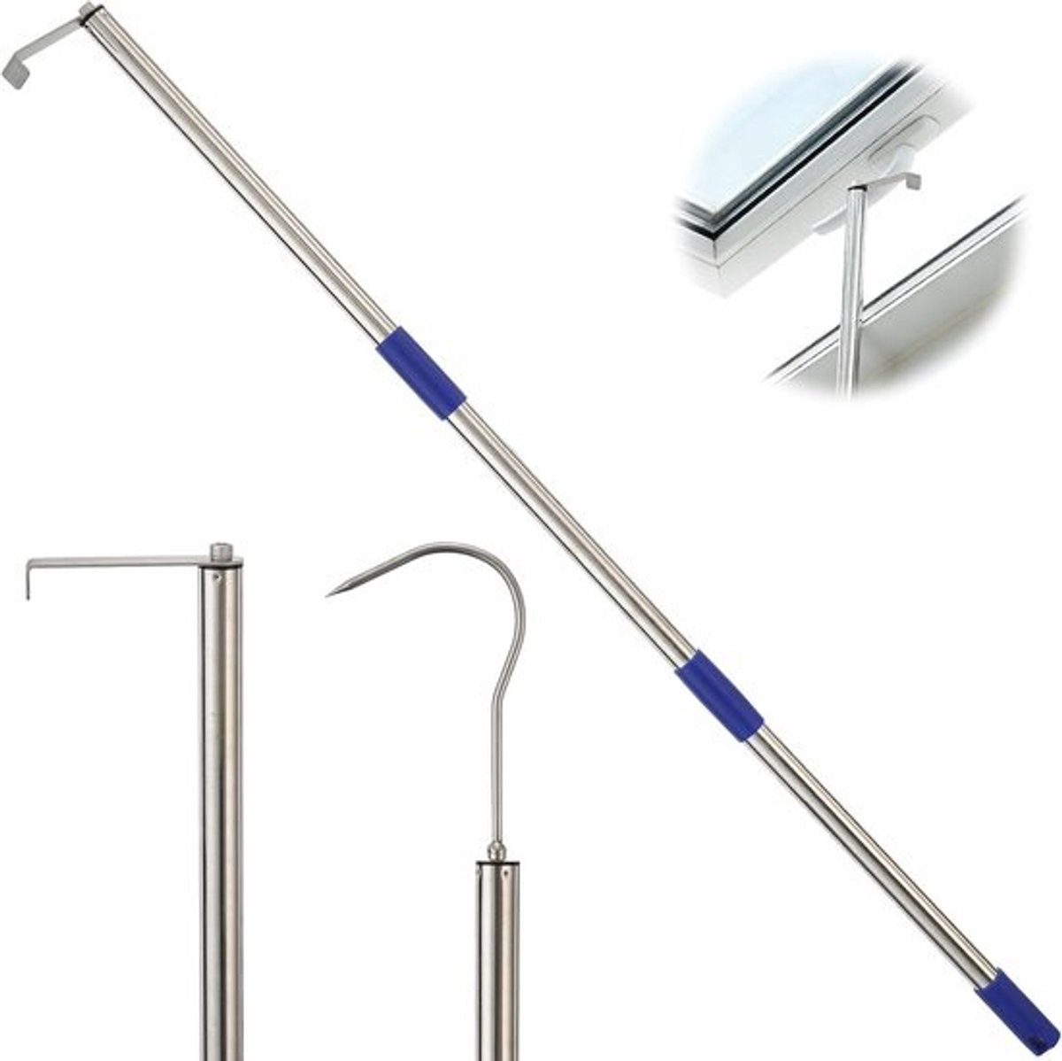 Dakraam Stokhaak - Bedieningsstang Zolder - Ramen Openen - Twee Haken Systeem - 180 cm Lengte - Zwart