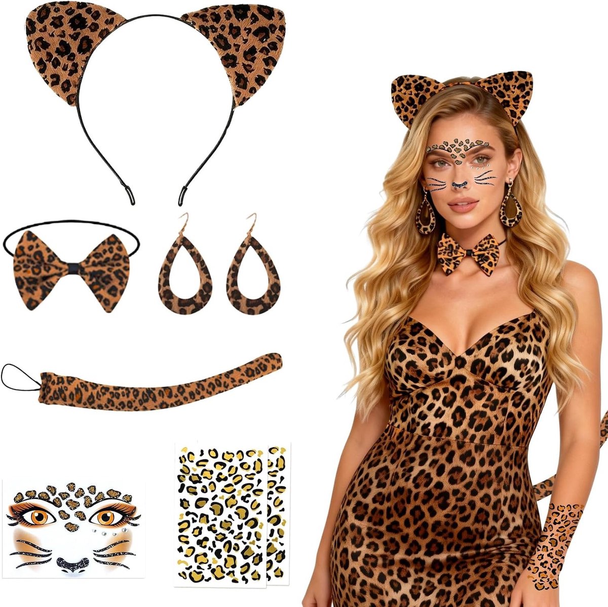Leopard Kostuum Set met 6 Stukken - Accessoires voor Vrouwen met Oren, Strik, Staart en Tattoo Oorbellen voor Halloween en Cosplay