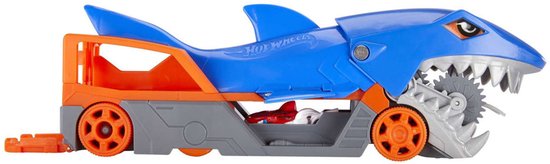 Blauwe Hot Wheels haaientransportwagen met oranje en grijze details en grote tanden.