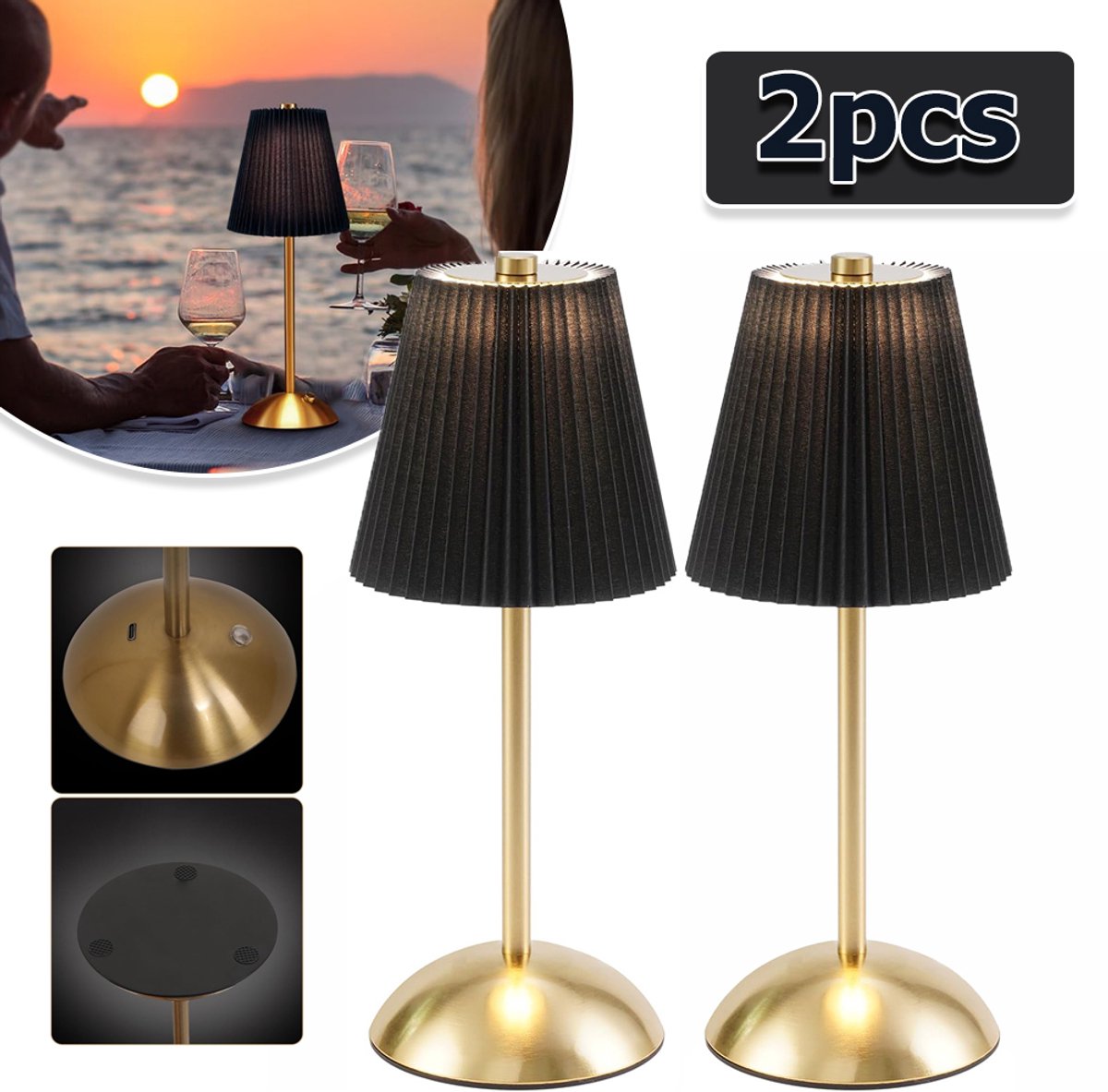 2 Tafellampen Modern Minimalistisch Design Instelbare Helderheid - Traploos Dimmen 3 Kleurtemperaturen USB Oplaadbaar 800mAh Touchbediening - Voor Slaapkamer, Woonkamer & Kantoor - Zwart