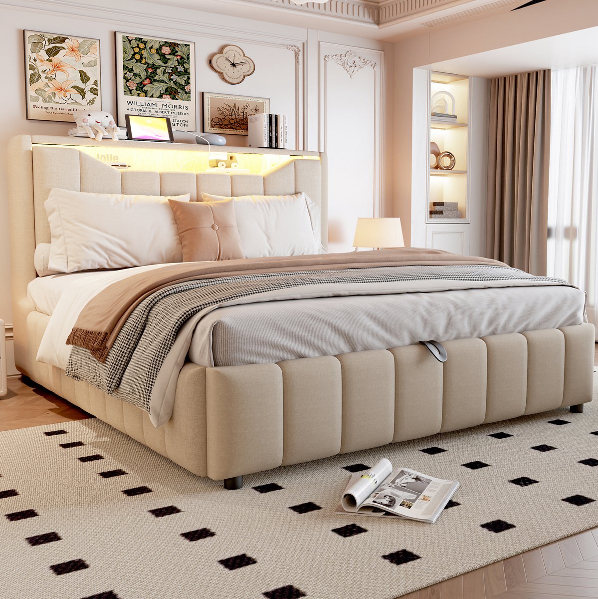 STILVORA Bedframe 140x200 cm Zonder Matras Hydraulische Opbergruimte Hoofdbord Met LED USB En USB-C Beige Stoffen Design