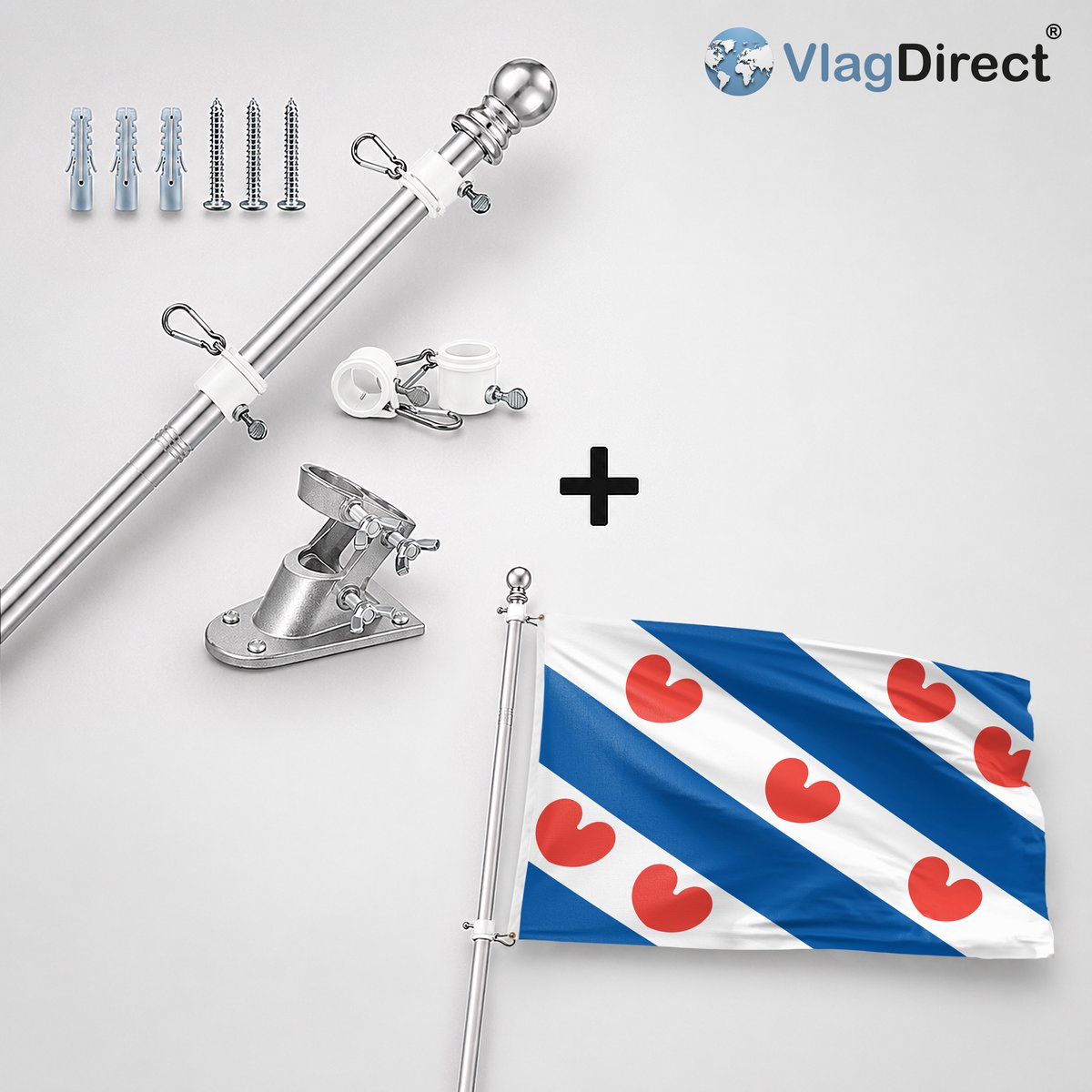 VlagDirect - Compleet vlaggenpakket - Zilveren vlaggenstok inclusief vlaggenstokhouder + Friese vlag - Friesland vlag - 90 x 150 cm