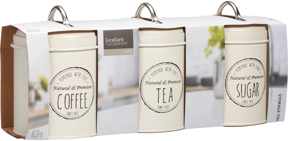 Excellent Houseware Keuken voorraad blikken - 3x stuks - wit - suiker - thee - koffie - 11 x 16 cm - Vintage look