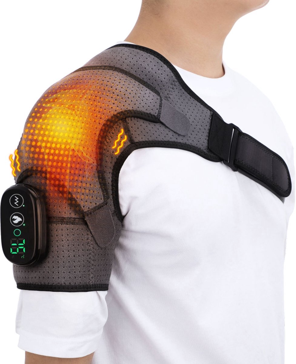 casalora - Verwarmde schouderbrace - Draadloze elektrische schoudermassage met verwarmingskussens - Met 3 verwarmings- en vibratiestanden en led-display - Grijs-Zwart