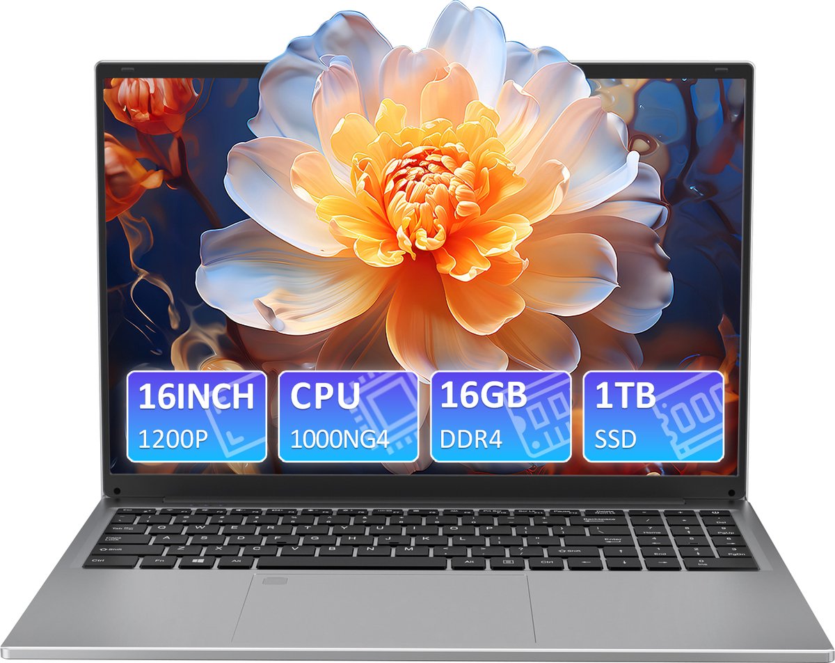 16 Inch Draagbare Laptop - Intel Core i3‑1000NG4 - 16 GB DDR4 - 1 TB SSD - IPS 1920x1200 Scherm - Backlit Toetsenbord - Werk en Studie Zilver
