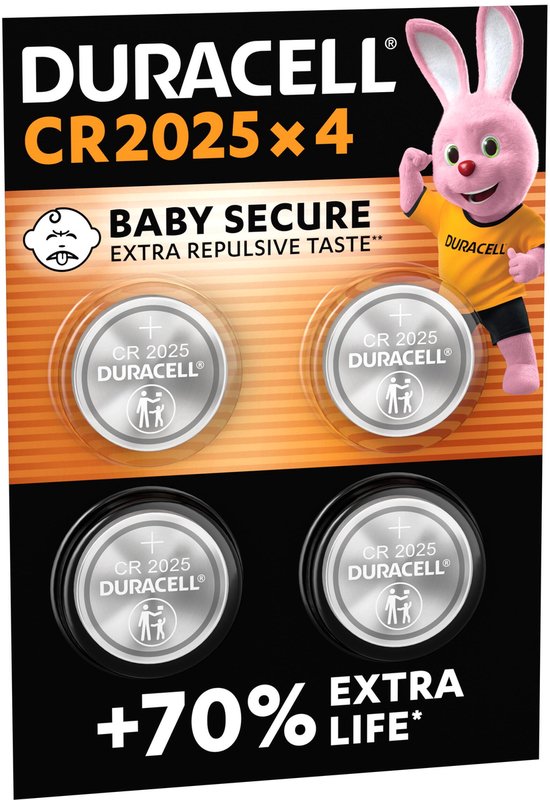 Duracell CR2025 batterijen, verpakking van 4 met baby-veilige, extra afstotende smaak.