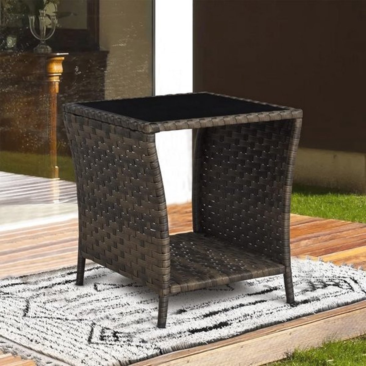 Rieten bijzettafel voor buiten met opbergfunctie - Vierkante tuin- en terrasmeubel in bruin