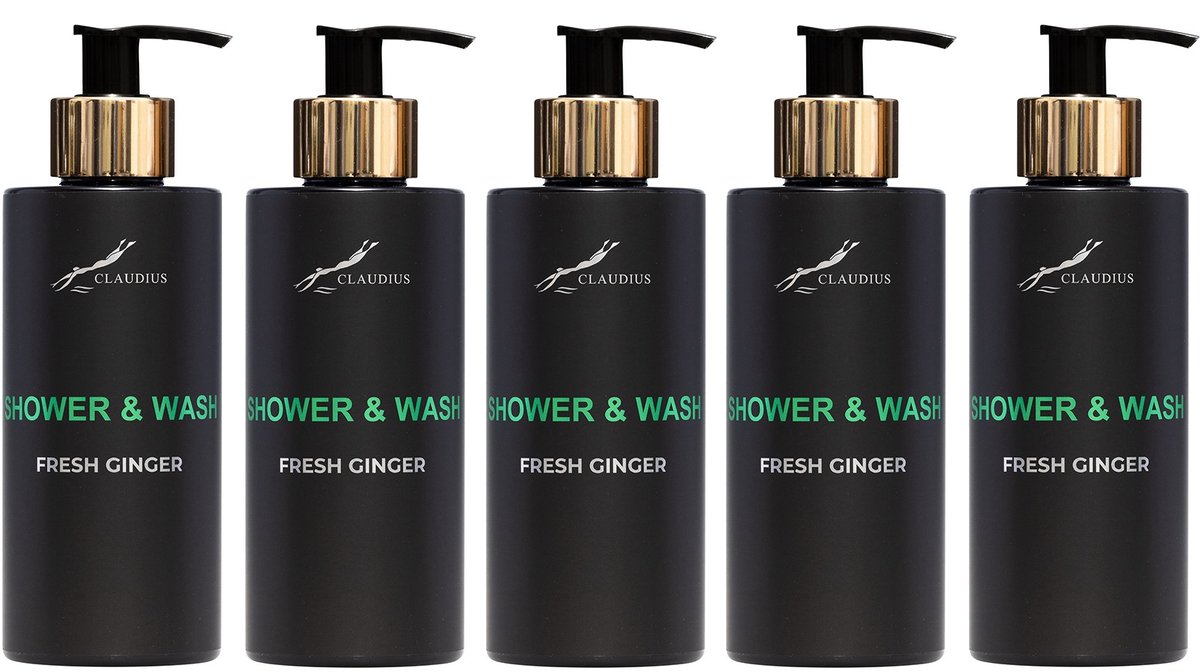 Shower & Wash Fresh Ginger 300 ml - met gouden pomp - zwarte fles - set van 5 stuks - Voordeelverpakking