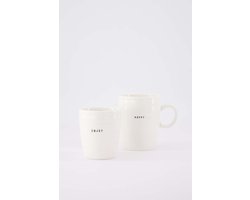 Zusss Set Van 2 Mokken Happy & Enjoy - Theemok En Koffiemok - Wit - 350Ml - Keramiek - Wit - Ø8x10cm