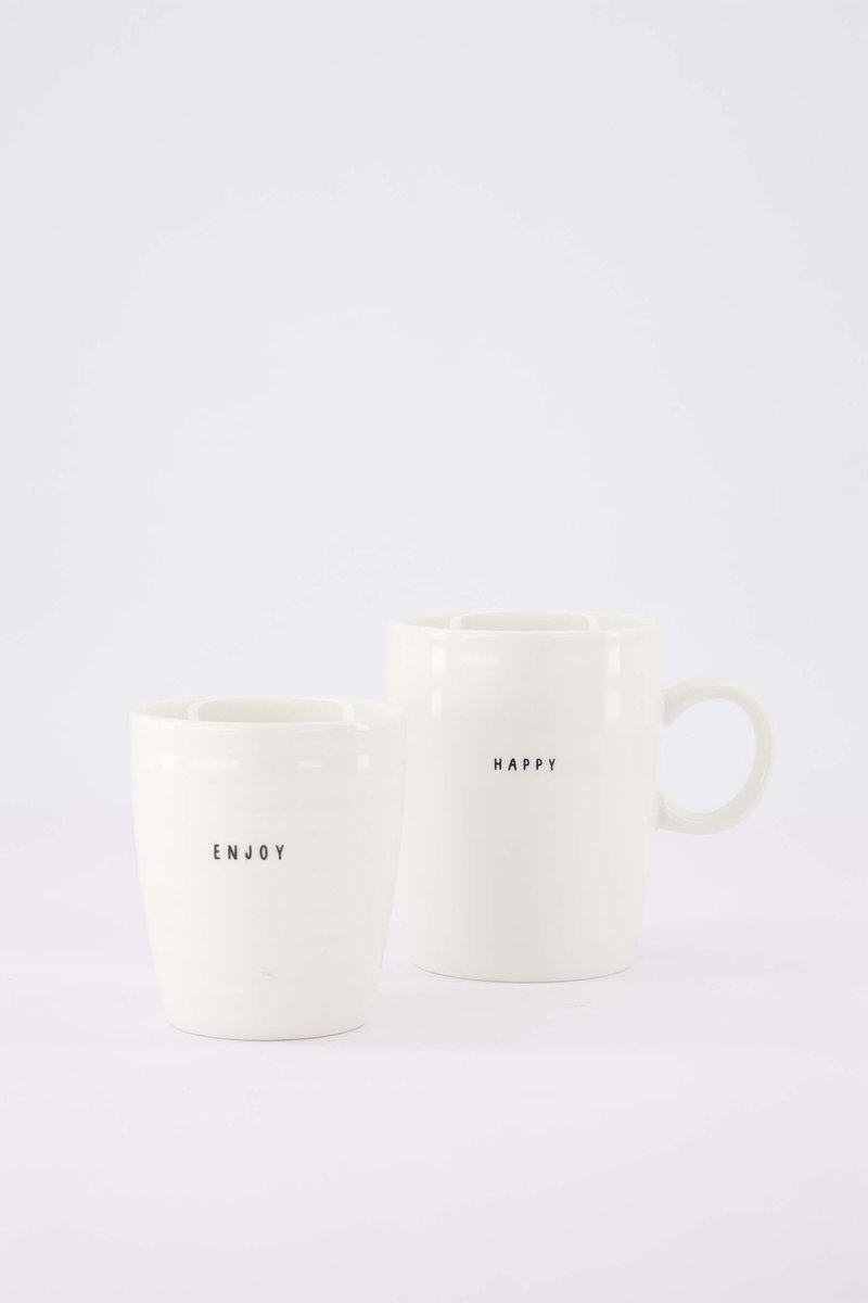 Zusss Set Van 2 Mokken Happy & Enjoy - Theemok En Koffiemok - Wit - 350Ml Keramiek Wit